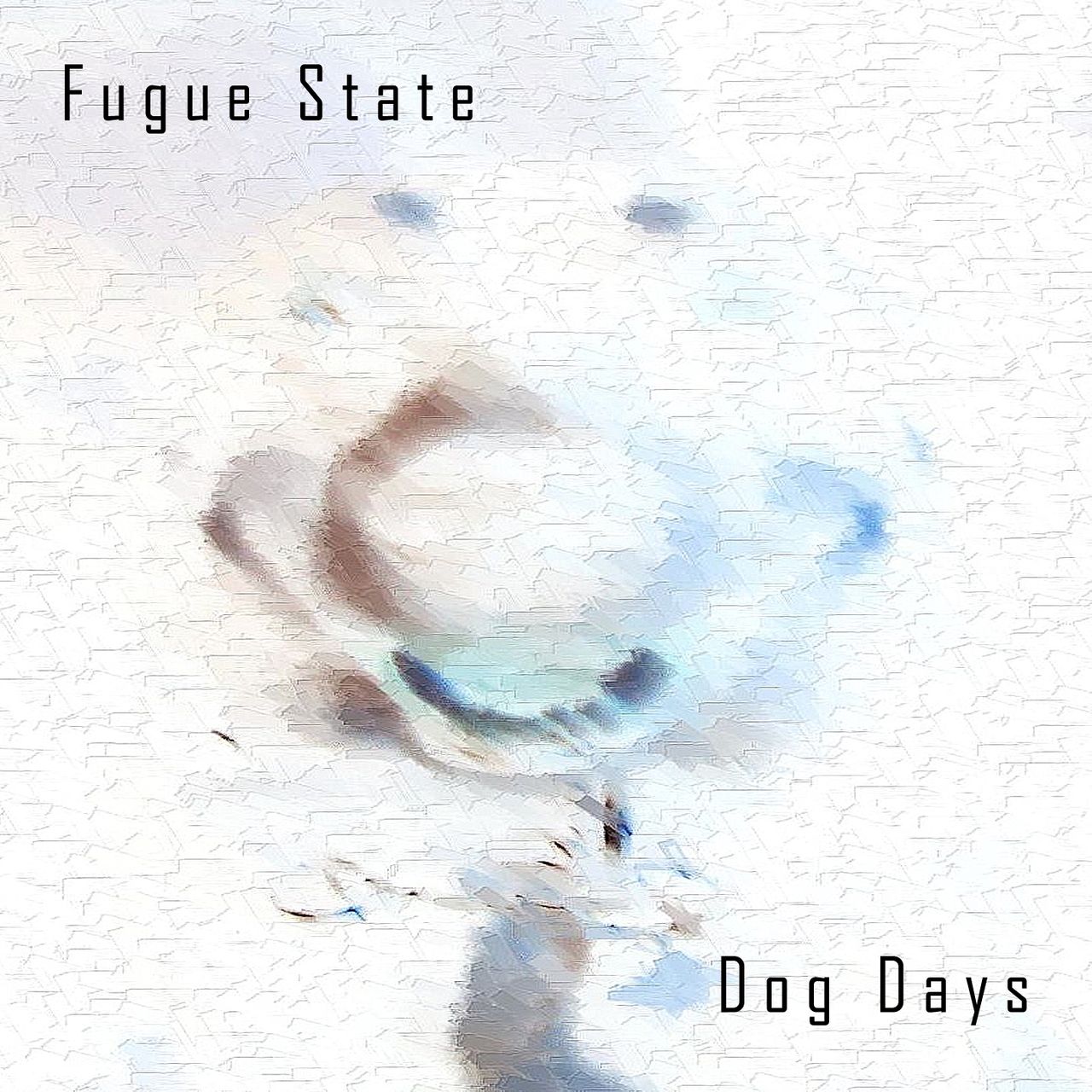 Glitched image of a dog sitting and looking up at the camera. The image is washed-out and mostly white with blue accents, and the dog's face sort of resemples a smiling clown.