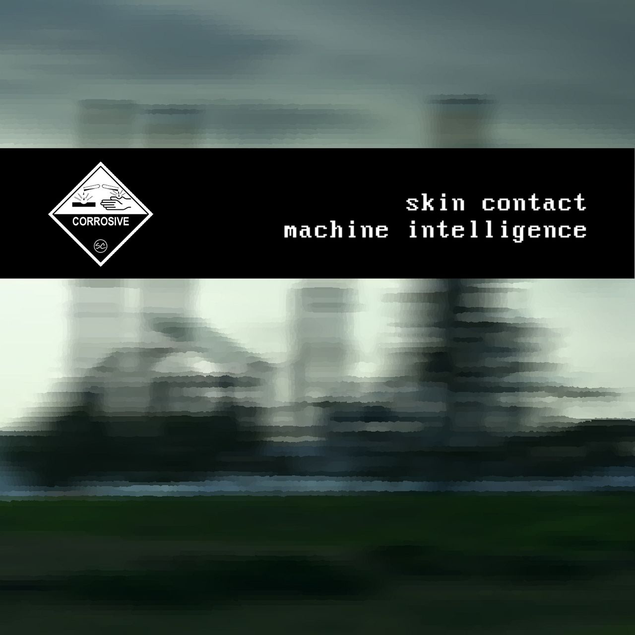 green-tinged, glitched image of an industrial park with tall buildings and machinery