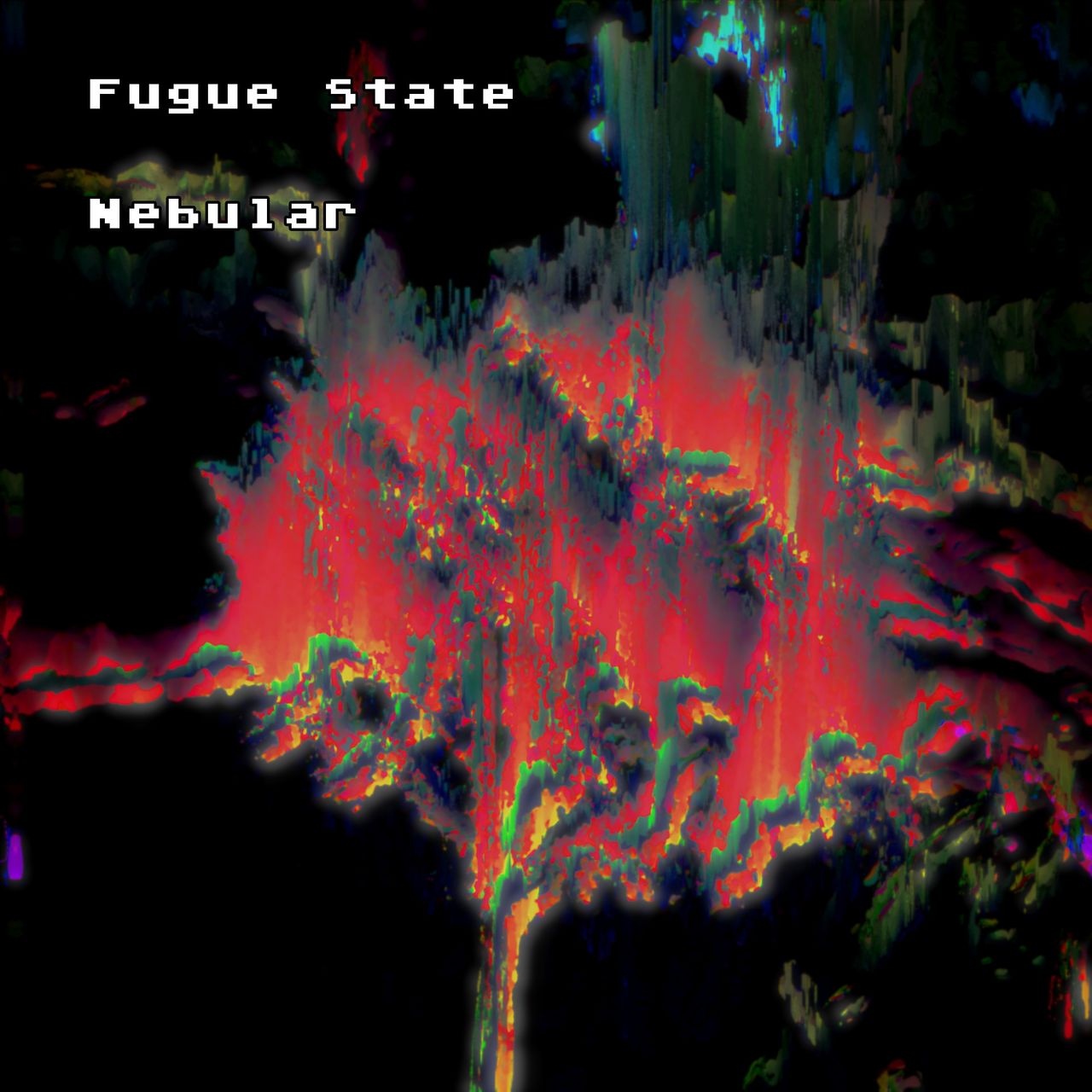 colorful, abstract glitch art with the band name and album title in white retro-compter-style letters in the top left.