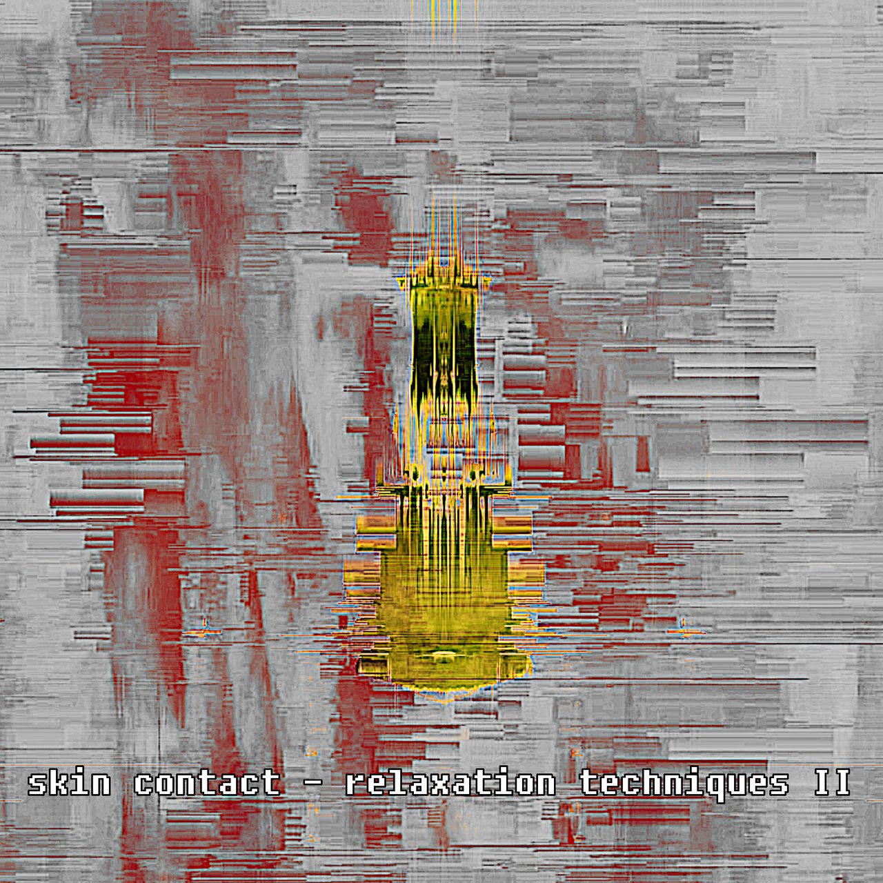 glitchy abstract image, mostly grey with reddish accents, and an indistinct yellowish shape in the middle