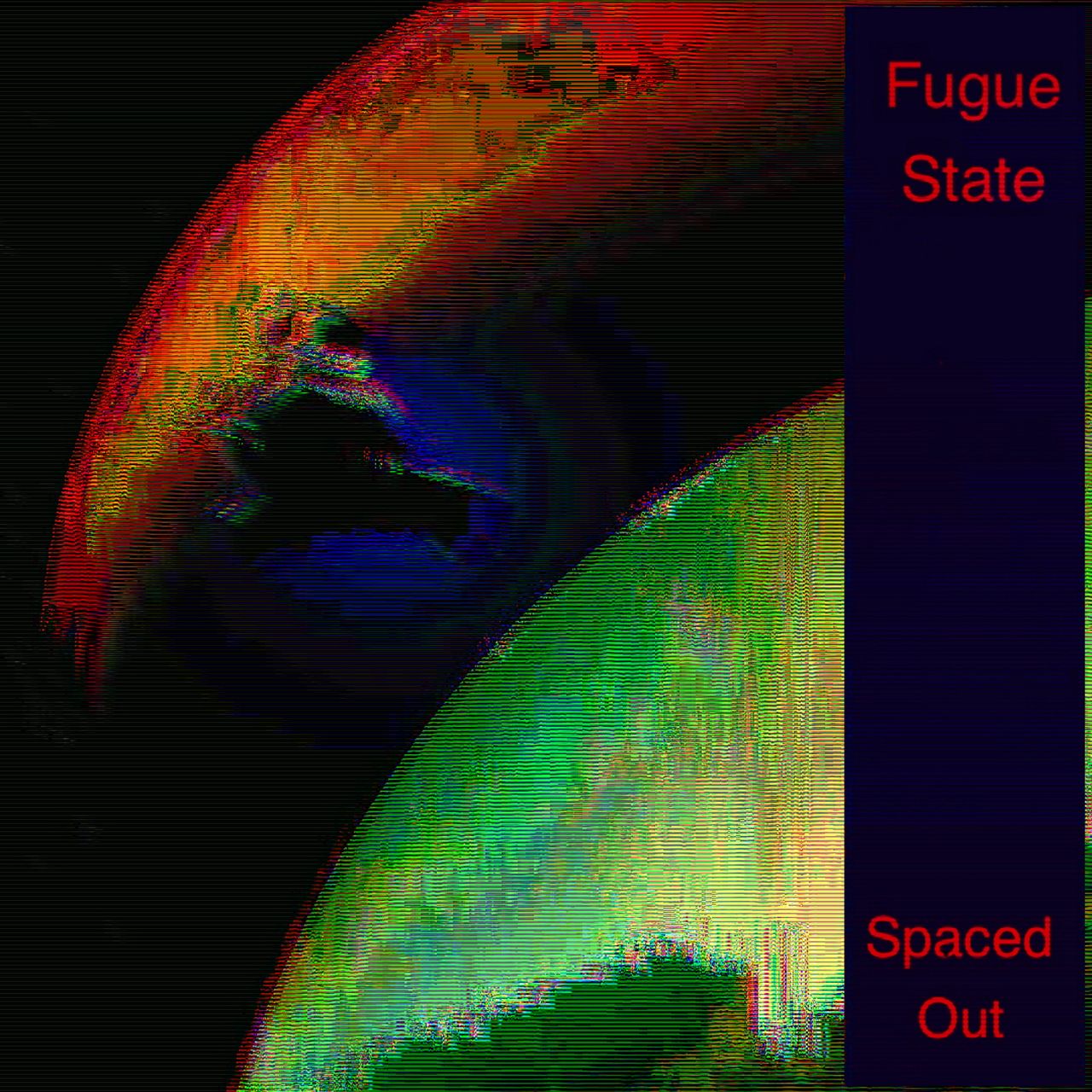 Glitched screen grab from a sci-fi game depicting a space ship leaving the orbit of a mostly-green planet. A thick black bar covers the right third of the image, with red letters reading "Fugue State" at the top of the bar, and "Spaced Out" at the bottom of the bar.